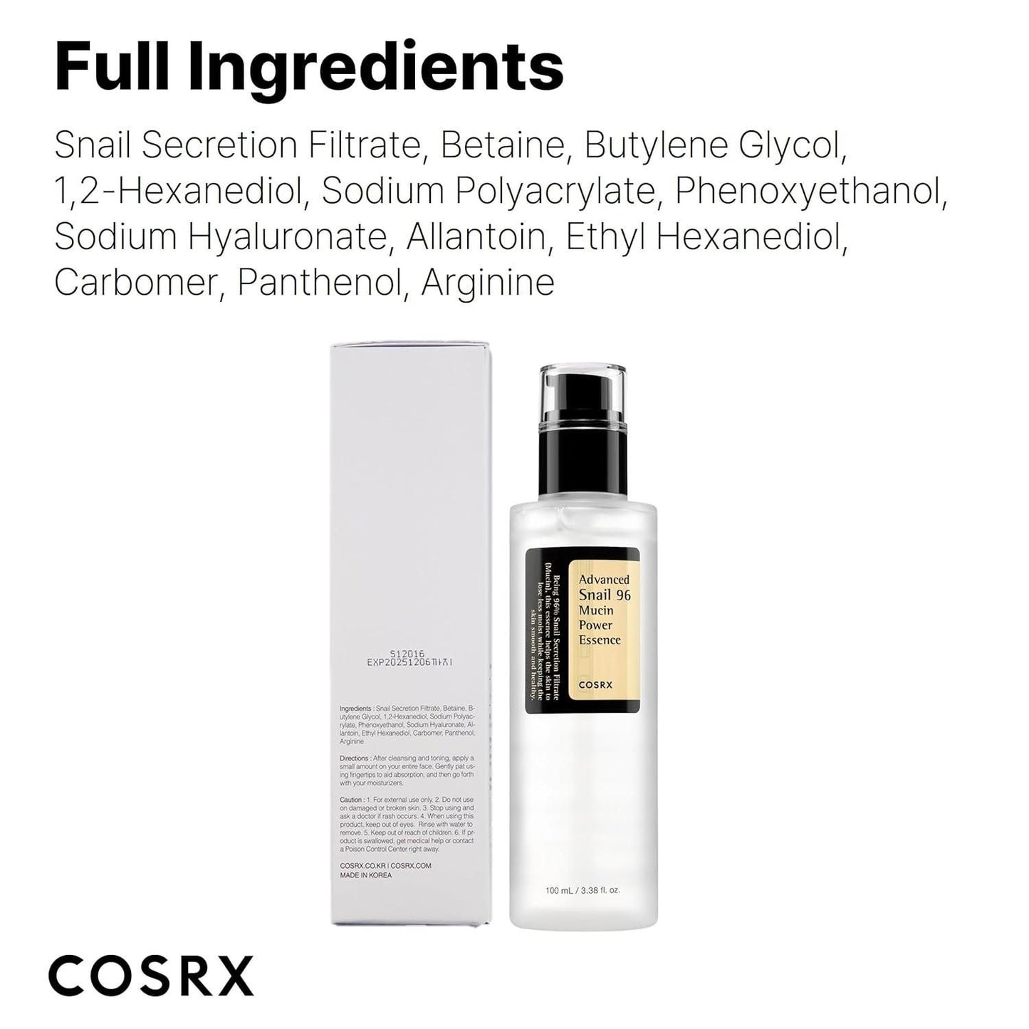 Snail 96 Mucin Power Essence, Advanced Korean Skin Care Serum – Brightens, Repairs, Fades Dark Spots, Deep Hydration, Suitable for All Skin Types – 100ml