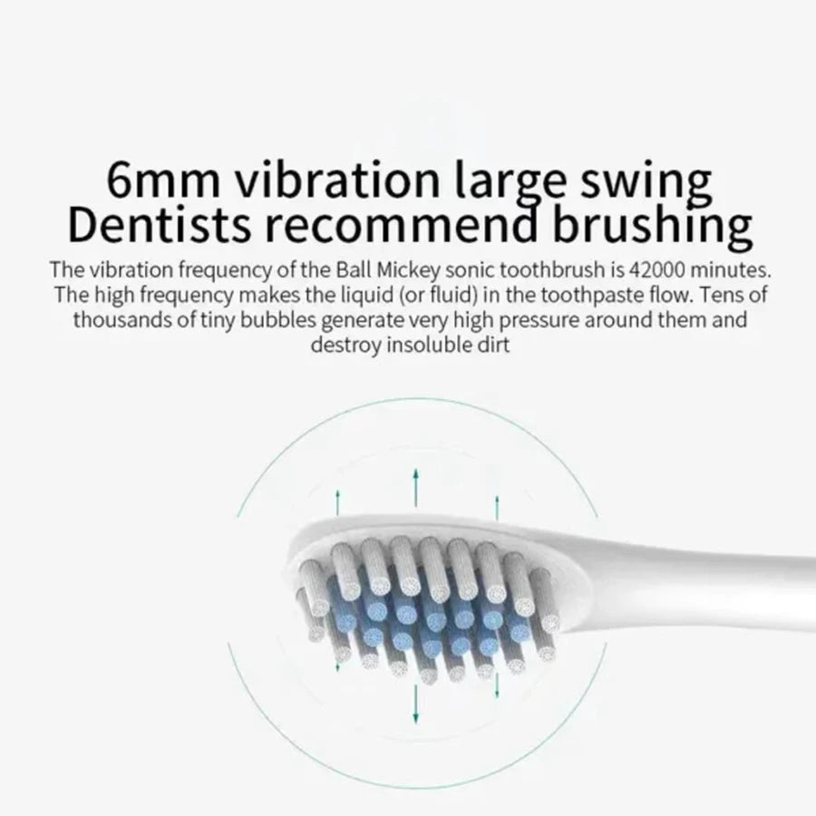 Sonic toothbrush with text about vibration frequency and dental benefits on a white background