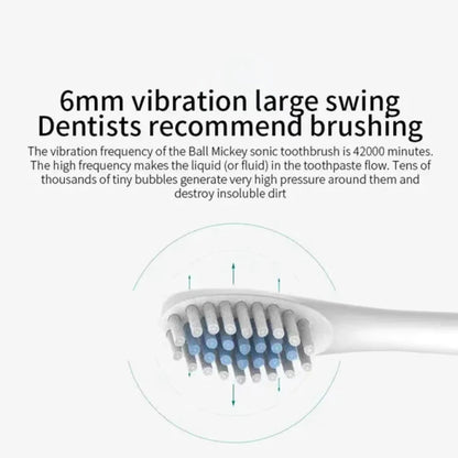 Sonic toothbrush with text about vibration frequency and dental benefits on a white background