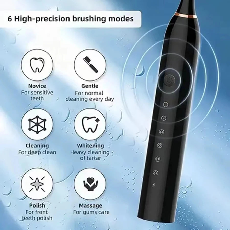 Black electric toothbrush with high-precision brushing modes on a blue background