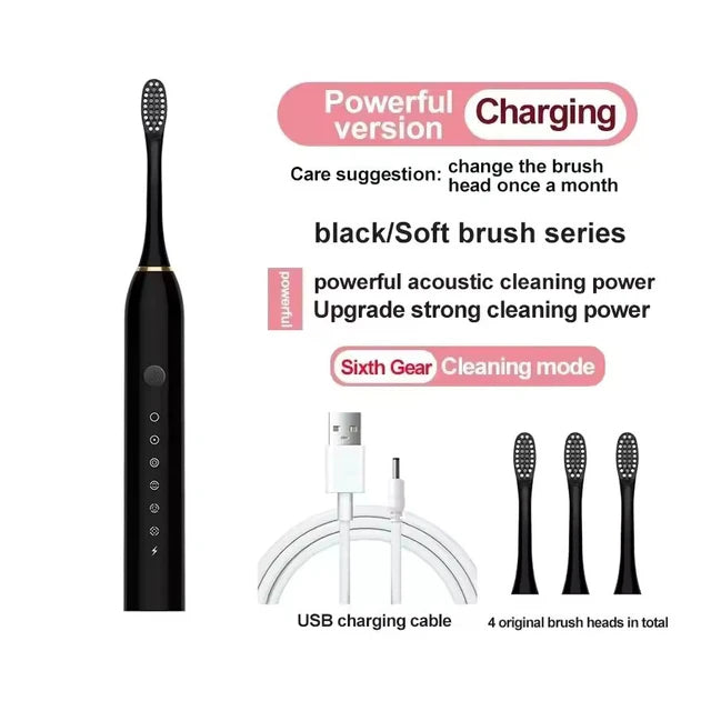 Black electric toothbrush with USB charging cable and brush heads on a white background