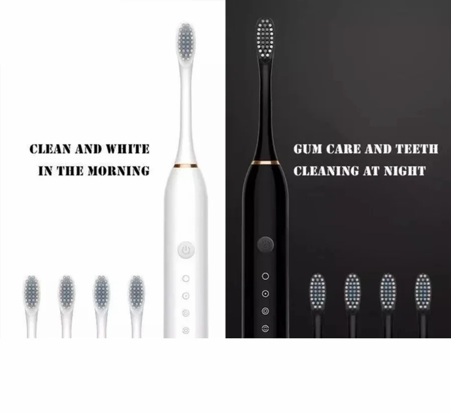 White and black electric toothbrushes with text indicating usage times on a white background.