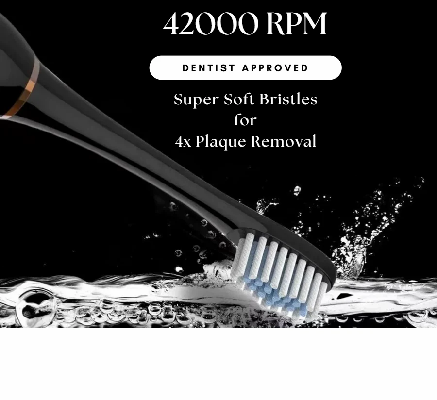 Black toothbrush with white bristles on a black background with water splashes, featuring text about RPM and plaque removal.