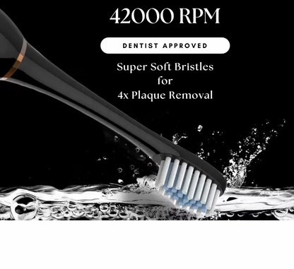 Black toothbrush with white bristles on a black background with water splashes, featuring text about RPM and plaque removal.