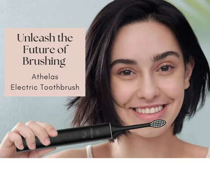 Woman holding a black electric toothbrush with text 'Unleash the Future of Brushing' and 'Athelas Electric Toothbrush'.